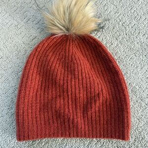 Garnet Hill 100% Cashmere Knit Beanie Hat Faux Fur Pom One Size